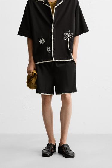 CONTRAST EMBROIDERY BERMUDA SHORTS - Black by Zara - Image 1