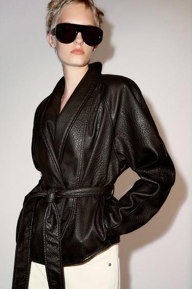 LEATHER EFFECT BELTED JACKET ZW COLLECTION - Dark brown by Zara