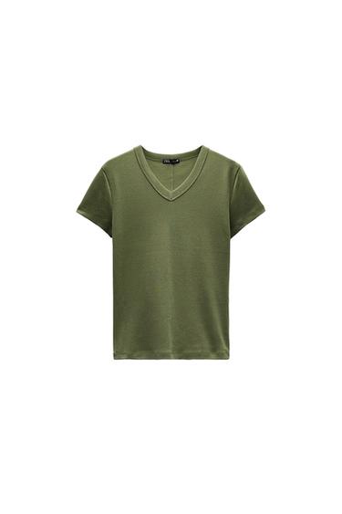 Front view of an olive green T-shirt with a V-neck and short sleeves.