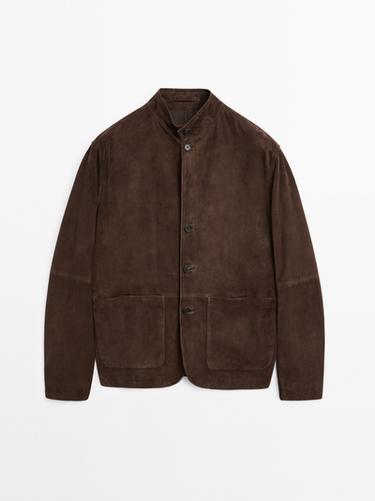 Zara Suede leather stand collar jacket - Chocolate
