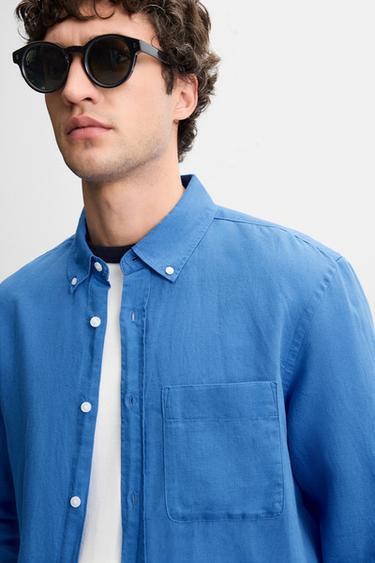CHEMISE EN LIN ET COTON - Bleu encre de Zara - Image 4
