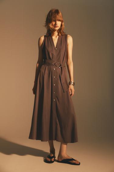 Zara BELTED MIDI SHIRTDRESS - Terracotta