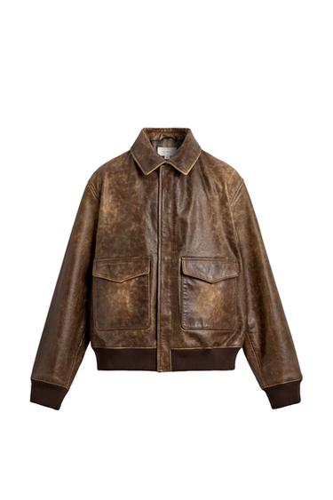 CAZADORA PIEL EFECTO VINTAGE - Tabaco de Zara
