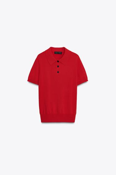 SHORT SLEEVE KNIT POLO JUMPER - Red by Zara