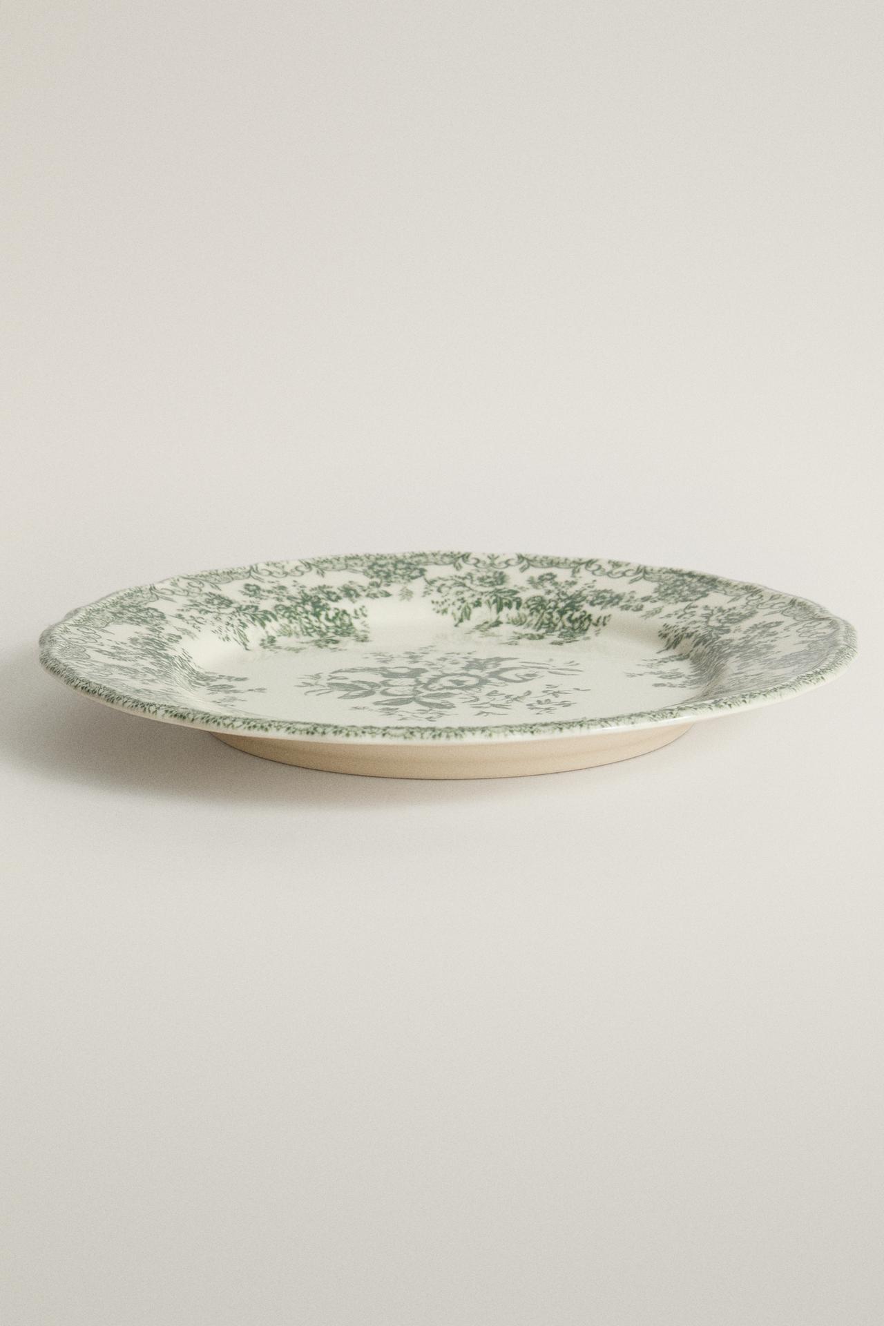 FLORAL EARTHENWARE DESSERT PLATE — Dark olive