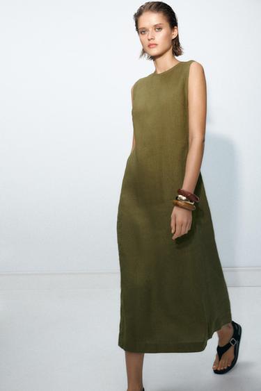 СУКНЯ ZW COLLECTION СЕРЕДНЬОЇ ДОВЖИНИ ЗІ 100% ЛЬОНУ - Оливково-зелений Zara