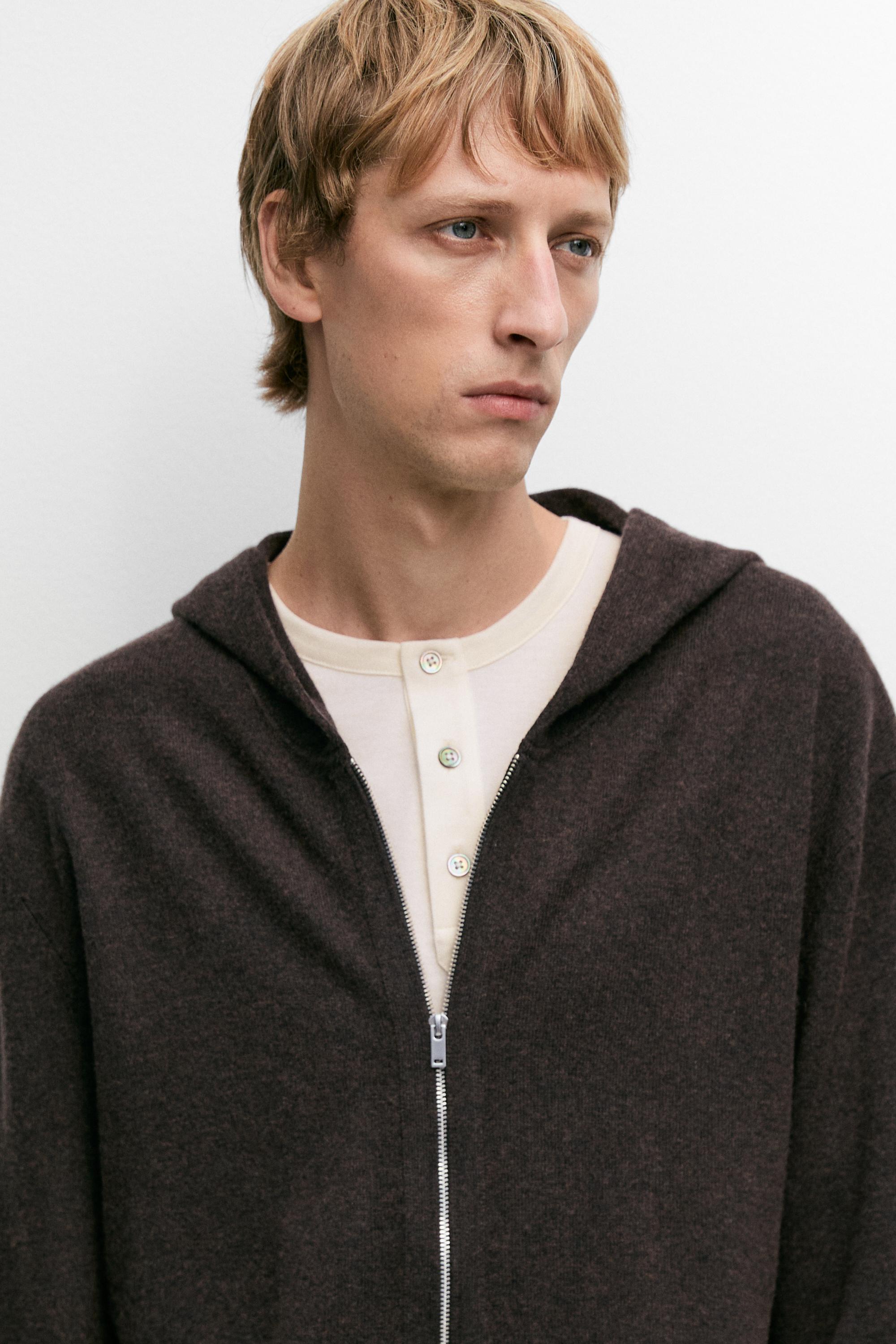 Wool-blend knit hooded cardigan