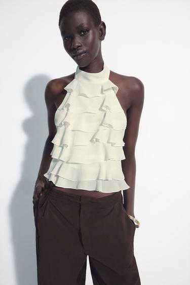 Zara GEORGETTE HALTER TOP - Ecru