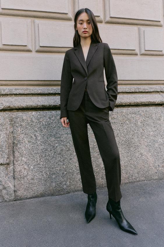 Zara FITTED SHOULDER-PAD BLAZER - Brown - Image 0