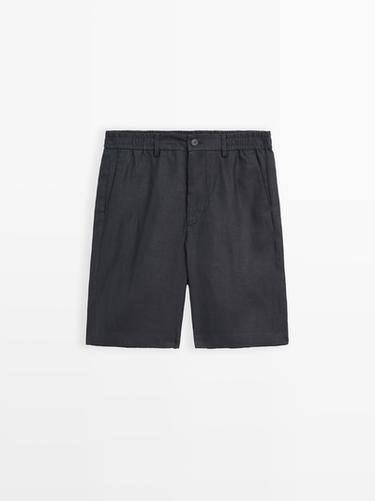 Zara 100% linen semi-jogger fit Bermuda shorts - Navy blue