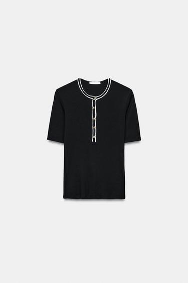 CONTRAST PIPING T-SHIRT - Black / White by Zara - Image 4