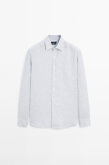 Camisa slim fit rayas lino - Azul de Zara
