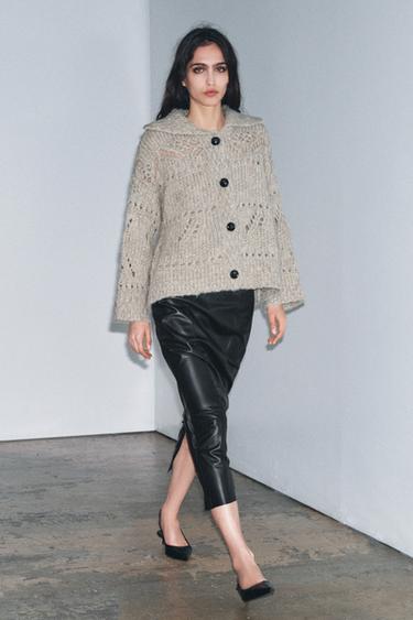Zara POINTELLE CHUNKY KNIT CARDIGAN - Beige