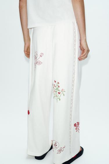 EMBROIDERED LONG TROUSERS - White by Zara - Image 4