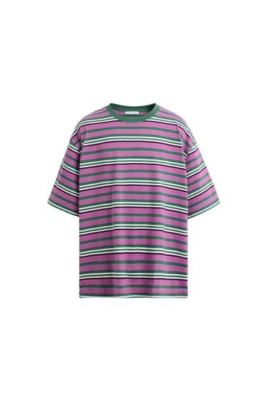 Zara STRIPED JACQUARD T-SHIRT - Pink / White - Image 0