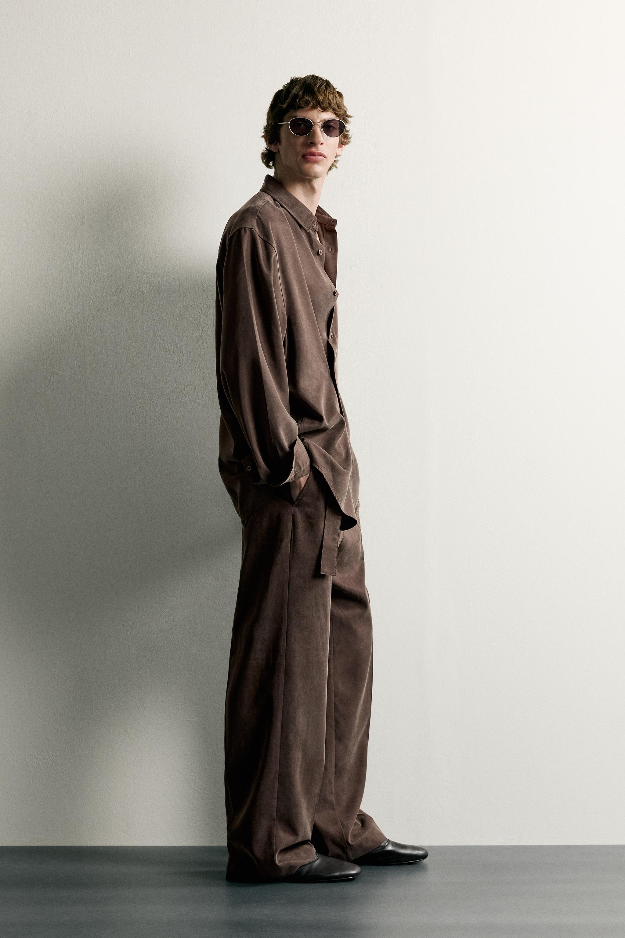Мужские брюки Zara BELTED RELAXED-FIT FLOWY PANTS — фото 4