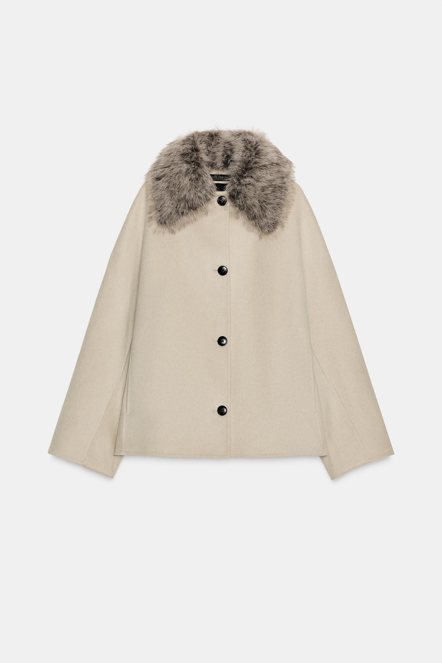 Женская куртка Zara ZW Collection Wool Blend with Faux Fur Collar, цвет: Бежевый — фото 6