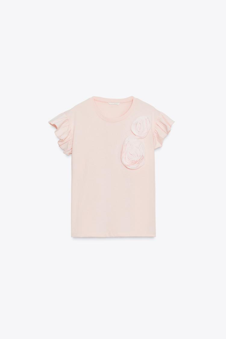 T-SHIRT WITH RAISED ROSES Pink ZARA UAE Dubai/Sharjah/Ajman
