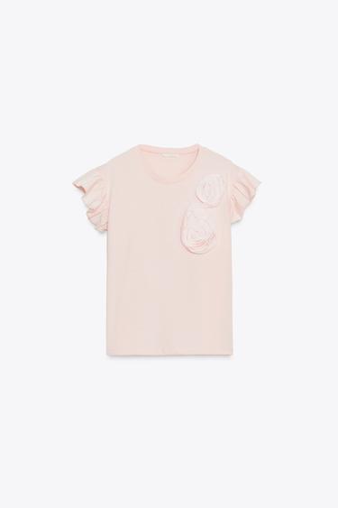 T-SHIRT WITH RAISED ROSES - Pink by Zara