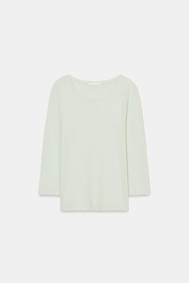 LINEN BLEND WASHED EFFECT T-SHIRT - Sea green by Zara