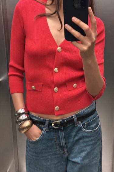CHAQUETA PUNTO RIB - Rojo de Zara