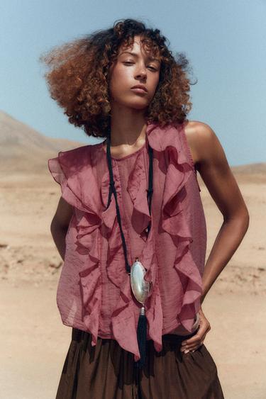 SEMI-SHEER RUFFLED TOP - MARSALA by Zara
