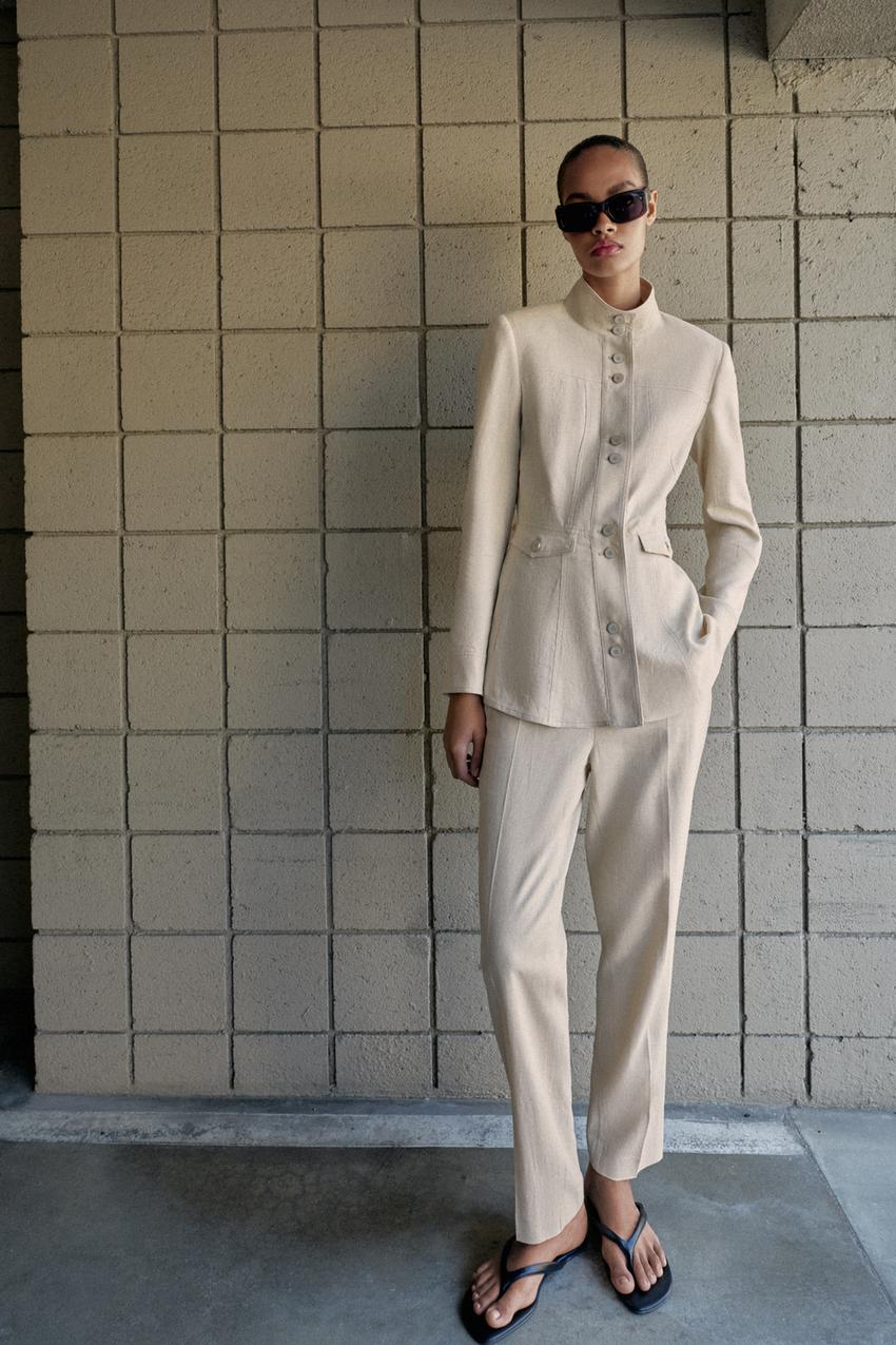 Zara - Fitted Linen Jacket With Shoulder Pads - Light Beige - Xs - Woman Zara - Fitted Linen Jacket With Shoulder Pads - Light Beige - Xs - Woman