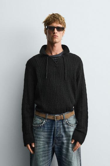 Zara TEXTURED CORD KNIT POLO SHIRT - Black