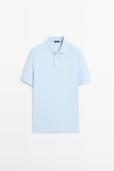 Zara Micro textured cotton piqué polo shirt - Light blue