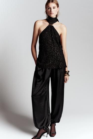 HALTER TOP WITH METALLIC THREAD TRIM - Black gold by Zara