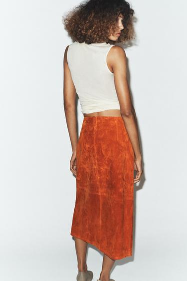 100% SUEDE LEATHER WRAP MIDI SKIRT - Orange by Zara - Image 3