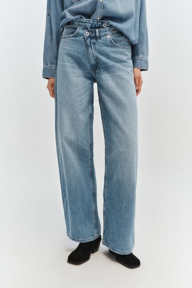 Zara TRF 高腰交叉腰頭寬管牛仔褲 - 淡藍色