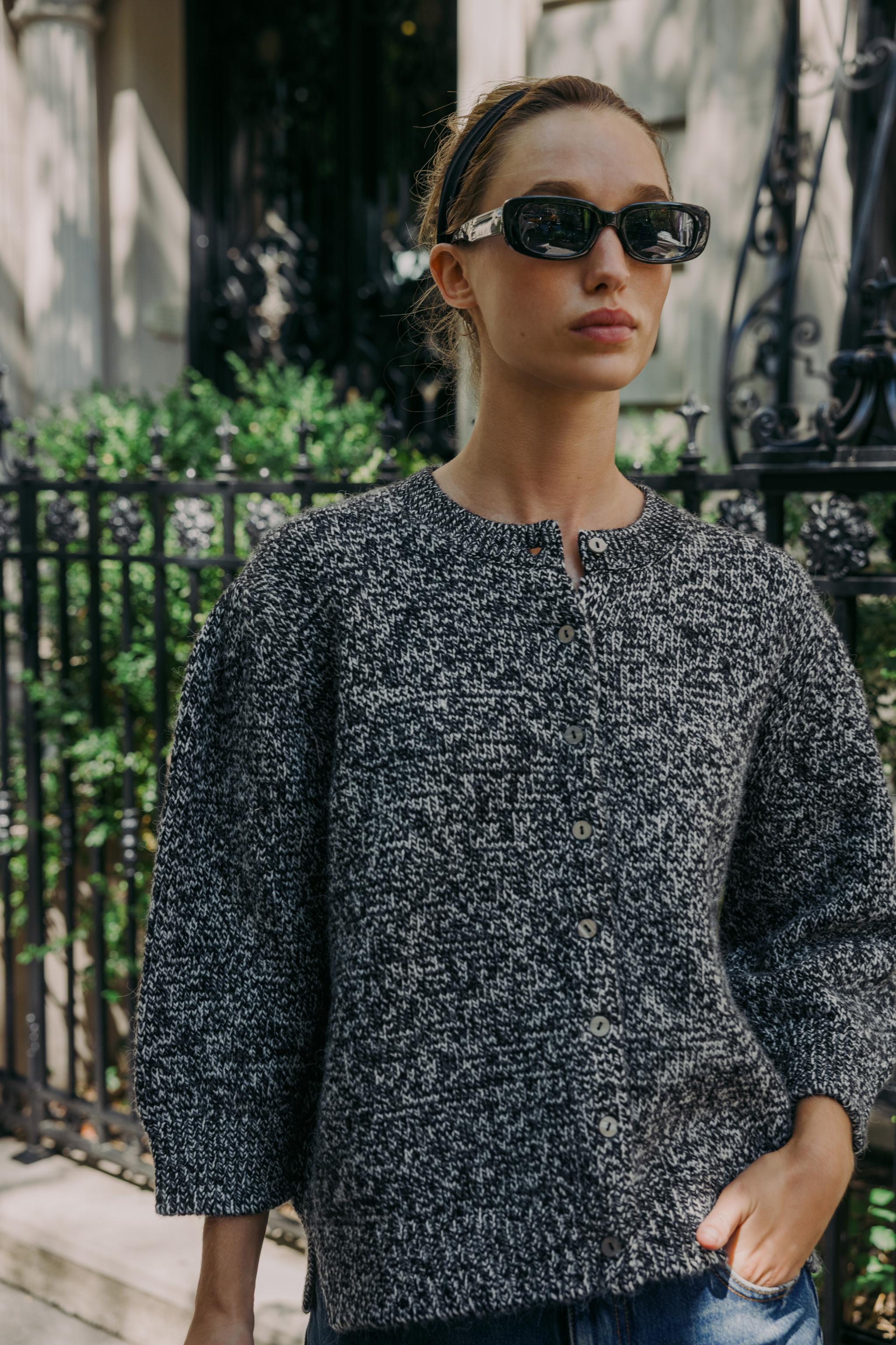 PUFF SLEEVE CARDIGAN Ecru Black ZARA United Kingdom