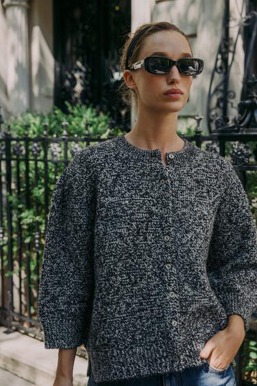 PUFF SLEEVE CARDIGAN - Ecru / Black by Zara