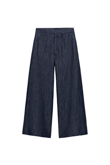 Zara WIDE-LEG LINEN BLEND PANTS - Indigo