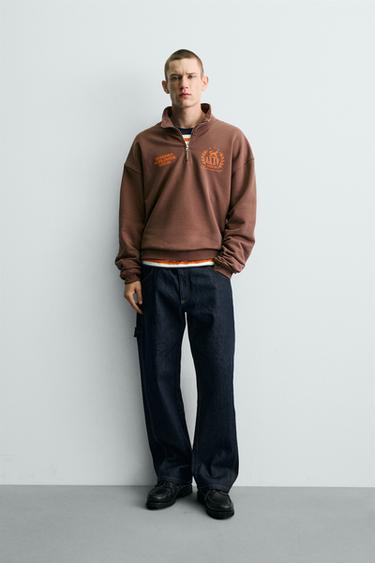 CONTRAST TEXT QUARTER-ZIP SWEATSHIRT - Brown by Zara - Image 0