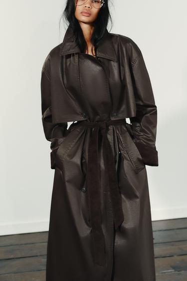 LONG WAXED TRENCH COAT WITH CORDUROY CUFFS - Dark brown by Zara