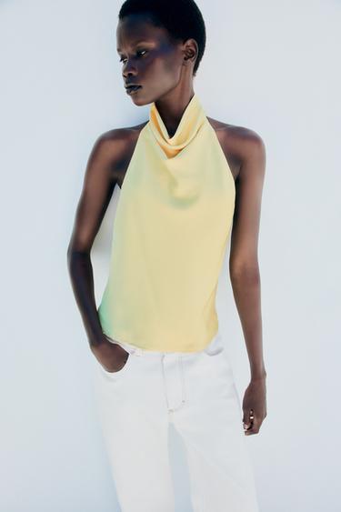 SATIN HALTER TOP - Light yellow by Zara
