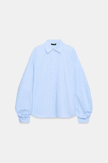 CAMISA RAYAS MANGA ABULLONADA - Azulina de Zara