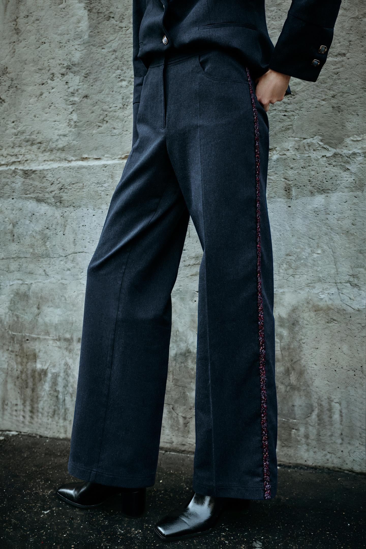 Женские брюки Zara Straight-Leg Trim, цвет: Синий — фото 4