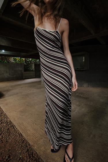 STRIPED RUSTIC MIDI DRESS - Black / Brown by Zara - Image 3