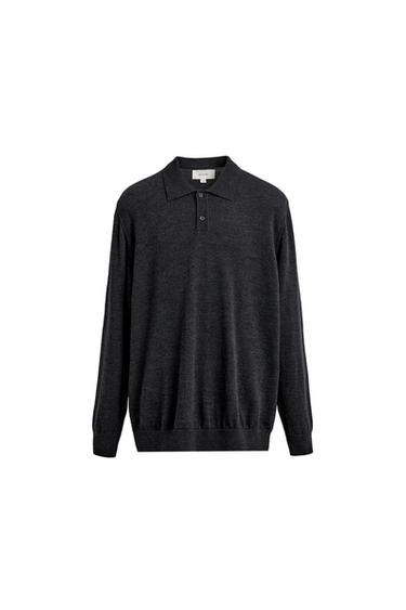 Zara 100% WOOL KNIT POLO SHIRT - Gray marl