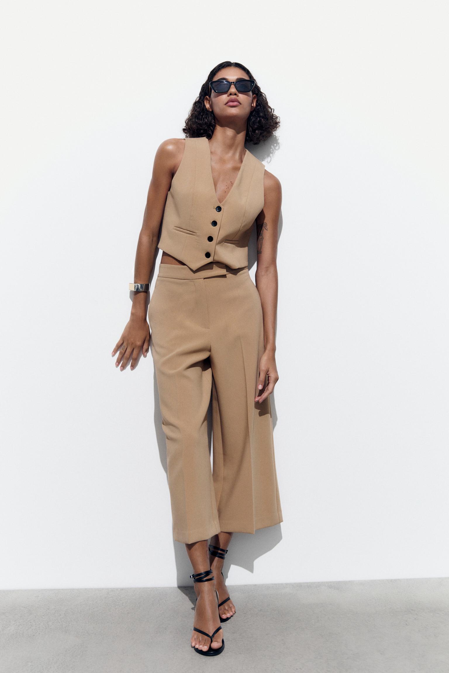 Zara, Pants & Jumpsuits, Zara Gold Button Strap Pants In Small Taupe  Brown High Waisted Wide Leg