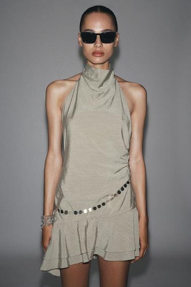 ROBE COURTE HALTER CEINTURE RAYURES - Beige-marron de Zara - Image 6