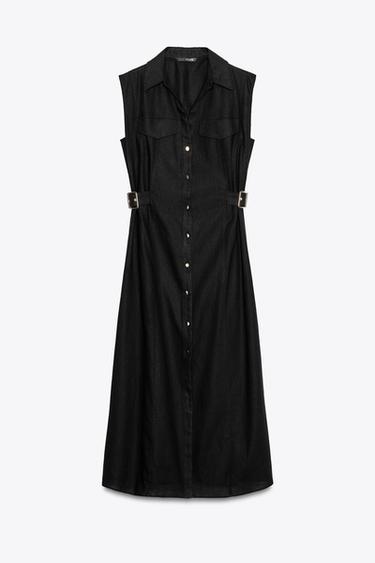 LINEN BLEND MIDI SHIRT DRESS - Black by Zara