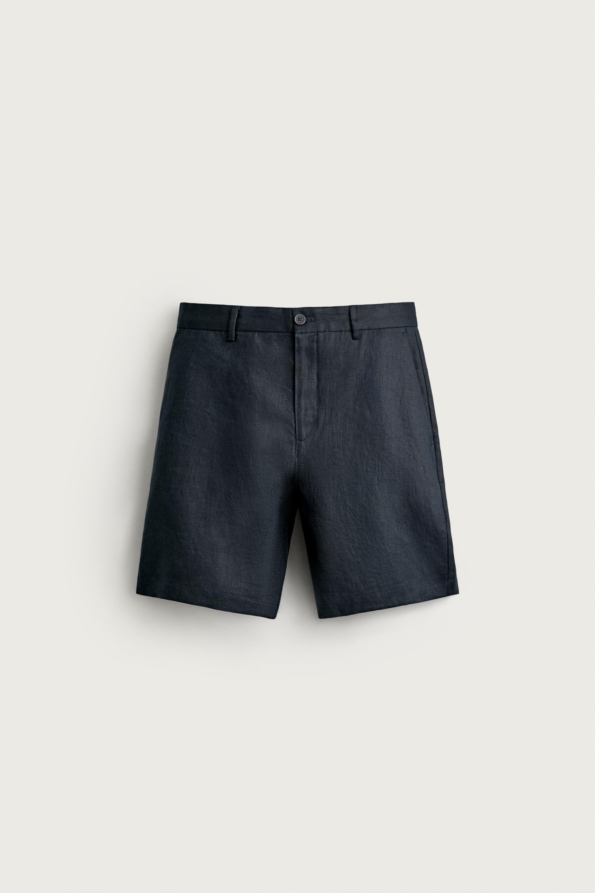 100% LINEN REGULAR FIT SHORTS — Navy blue