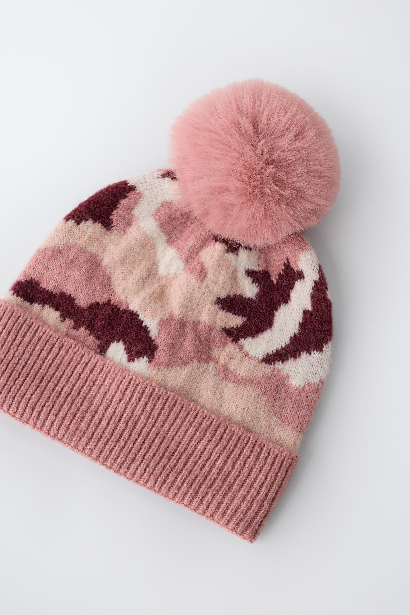 Детская шапка Zara Printed Knit Pom-Pom Beanie, цвет: Розовый — фото 2