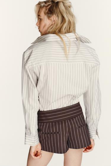 STRIPED POPLIN SHIRT WITH SHOULDER PADS - White / Grey by Zara - Image 4