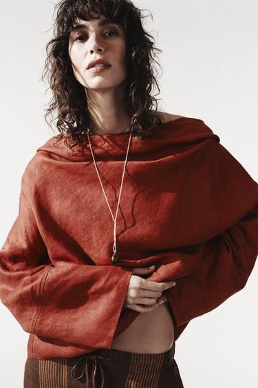 100% LINEN BLOUSE ZW COLLECTION - Brick by Zara