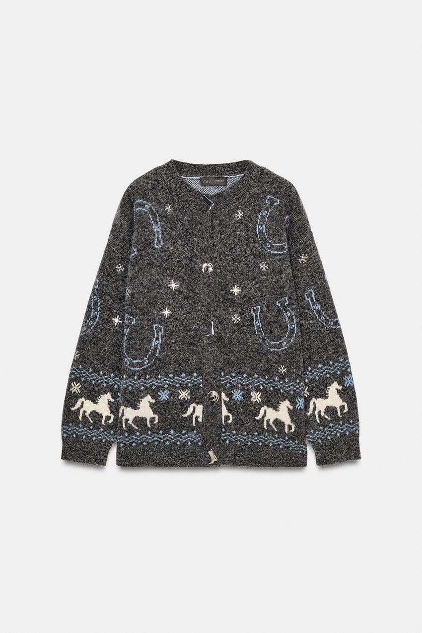 ジャカードニットボタンカーディガン - グレー/ブルー | ZARA Japan / 日本